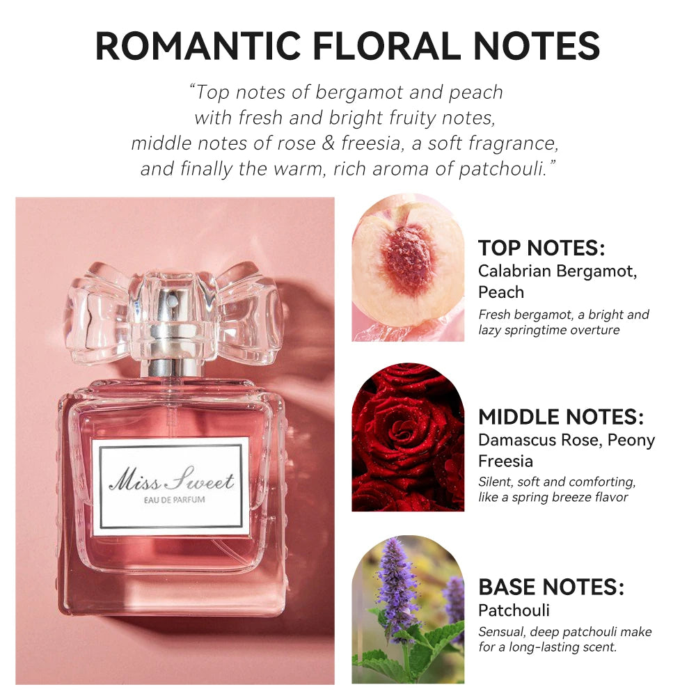 Long-Lasting Perfume for Women in a clear bottle with a ribbon design, featuring sweet floral notes.